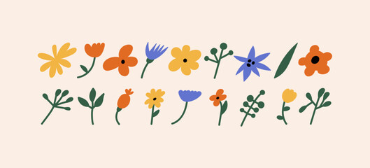 Vector illustration cartoon colorful flowers branches. Groovy stickers for print or social media