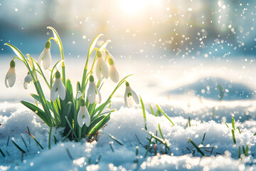 Spring snowdrops in the snow in garden. Banner with first white flowers under sunlight with copy...