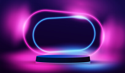Realistic podium with glowing neon lamps and light lines in futuristic design. Display room with scene for showing products. Empty show studio room with 3d stage vector background.
- 755878537