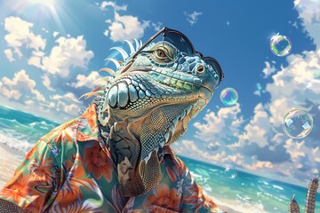Embark on a playful journey as you encounter an iguana napping on the beach cool shades and Hawaiian shirt adding to its laid-back vibe - obrazy, fototapety, plakaty