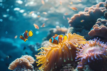 Fototapeta na wymiar Clown fish swimming on anemone underwater reef background. ai generative