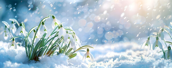 Spring snowdrops in the snow in meadow. Banner with first white flowers under snowfall with copy...