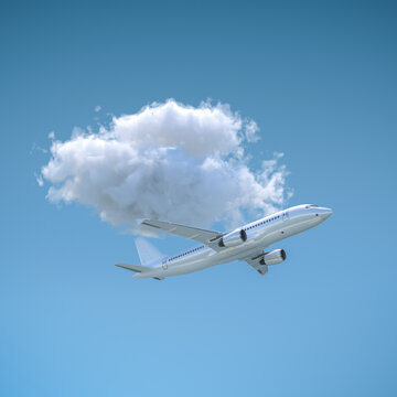 A passenger airplane in the sky in front of  a cloud - vacation concept. 3d render