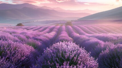 Purple Lavender Fields with Mountain Backdrop - Rich purple lavender fields rolling into the distance, complemented by majestic mountains and a dynamic sky at dawn