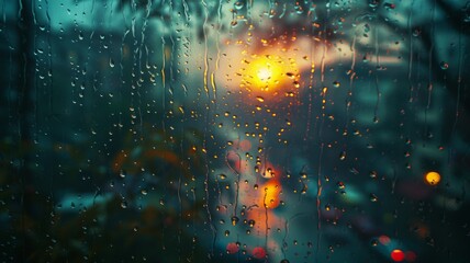 Raindrops on window with warm sunset light - Rain drops on a windowpane with a blurred warm sunset, creating a mood of contemplation and calm