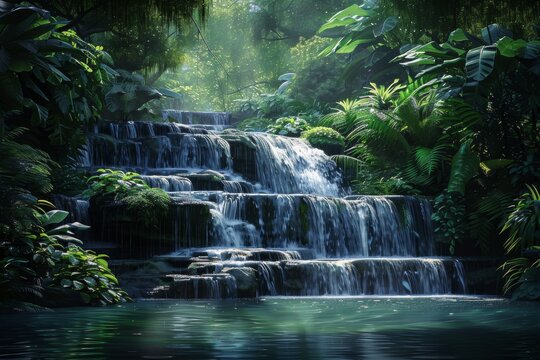 Serene Waterfall in Lush Green Forest - A tranquil scene with a multi-tiered waterfall cascading down in a lush, green, tropical forest