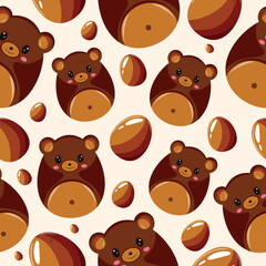 Easter seamless pattern with decorated eggs with brown bear and brown eggs for holiday poster, textile or packaging