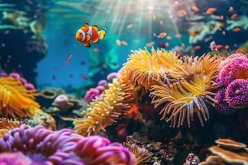 Clown fish swimming on anemone underwater reef background. ai generative