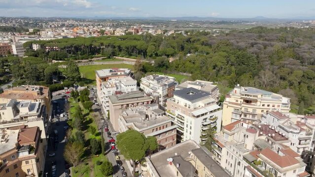 Aerial view of Villa Ada, a large public park in Rome, Italy. This large green area is located in the northern area of the city, between the Parioli, Pinciano and Trieste-Salario district.
