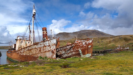 Old, rusted whaling ships at the old whaling station at Grytviken, South Georgia Island - obrazy, fototapety, plakaty
