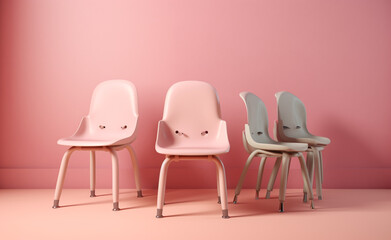Fototapeta premium pink pastel classroom chairs are sitting up next to each other сreated with Generative Ai