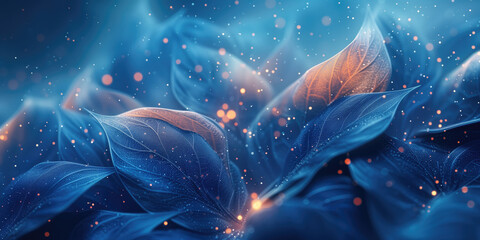 Abstract blue background with glowing leaves.