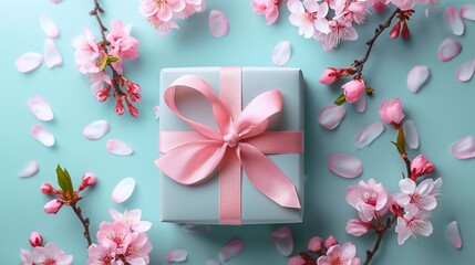 Gift box with a pink bow and a cherry blossom. Spring banner in pastel colors on a light blue background