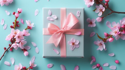 Gift box with a pink bow and a cherry blossom. Spring banner in pastel colors on a light blue background
