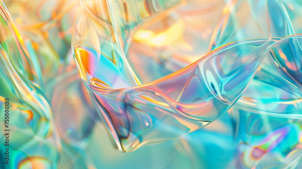 Wall mural a closeup of iridescent glass, with light reflecting and refracting in various colors, creating an a