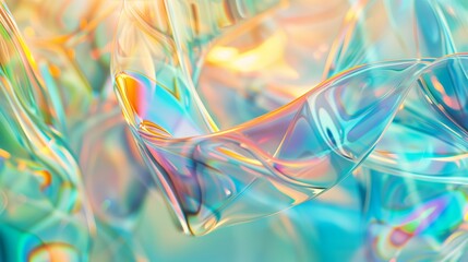 A closeup of iridescent glass, with light reflecting and refracting in various colors, creating an abstract pattern. The background is a soft gradient from blue to green. Generated by artificial intel