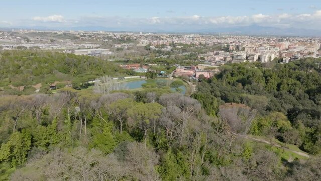Aerial view of Villa Ada, a large public park in Rome, Italy. This large green area with a small lake is located in the northern area of the city, between the Parioli, Pinciano and Salario district.