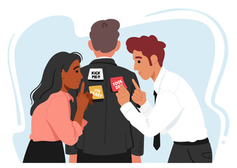 April Fools Day, Colleagues Characters Stealthily Covered A Man Back With Sticky Notes, Cartoon Vector Illustration