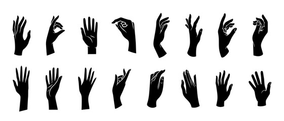 Vector set of silhouettes of human hands depicting various gestures, black on a white background.