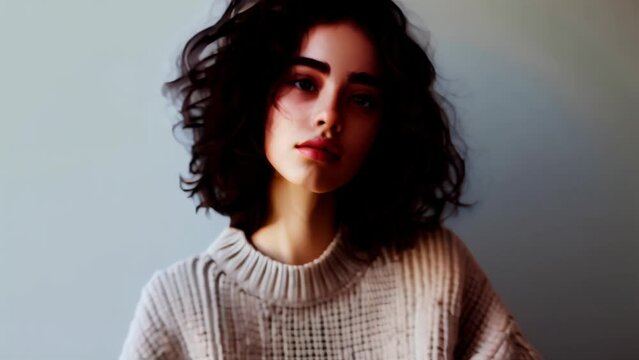 Portrait of a young woman with curly hair in a knit sweater, gazing at the camera. Studio photography with a soft aesthetic