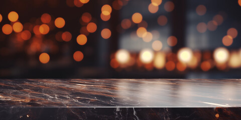 Closeup of modern luxury empty dark brown marble tabletop or kitchen island  of restaurant with bokeh lights in the blurred background