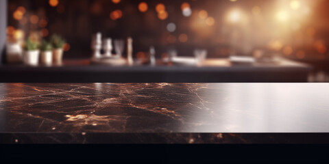 Closeup of modern luxury empty dark brown marble tabletop or kitchen island  of restaurant