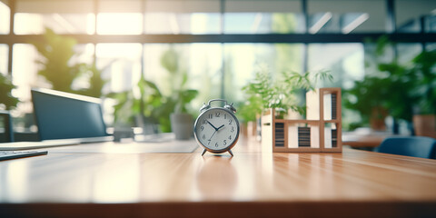 Old clock in the middle of a modern office table with blurry green plants in the background