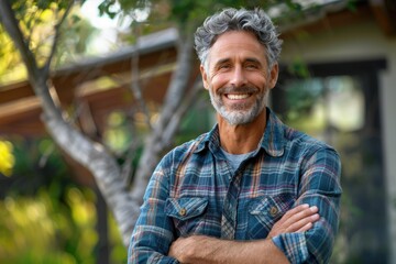Portrait of an Attractive, Happy Middle Aged Man with a Photogenic Smile and Arms Crossed Outdoors - obrazy, fototapety, plakaty