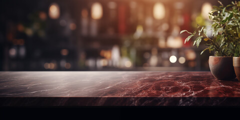Luxury empty dark brown marble tabletop or bar with a blurry bar in the background