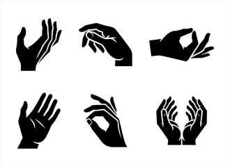Vector set of silhouettes of human hands depicting various gestures, black on a white background. - obrazy, fototapety, plakaty