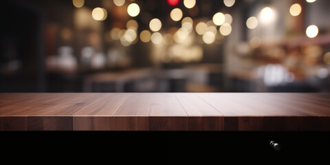 Modern empty dark wooden table top or bar with bokeh blurry lights in the background