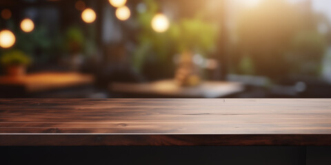 Empty dark wooden tabletop or bar with bokeh blurry cafe in the background