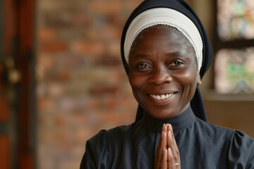 Portrait of Smiling Catholic Nun. Woman and Spirituality: Sister Praying in Church with Happy Look on Her Face - obrazy, fototapety, plakaty