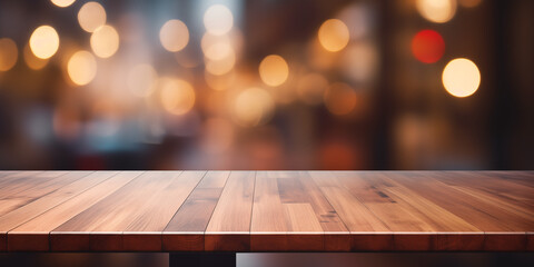 Empty dark wooden tabletop or kitchen island with bokeh kitchen or bar background 