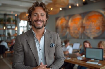 Fototapeta premium A man in formal wear smiles at a group at a restaurant event