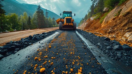 Construction site is laying new asphalt road pavement - obrazy, fototapety, plakaty