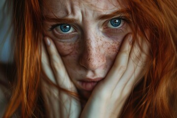 Psychotic Disorders: Beautiful Redhead Girl Hiding in Fear, Covering Her Face with Anxiety and Psychological Disorders