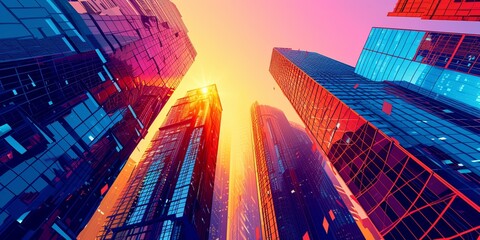 Modern skyscrapers of a smart city, futuristic financial district, graphic perspective of buildings and reflections - Architectural sunset hitting the buildings - obrazy, fototapety, plakaty