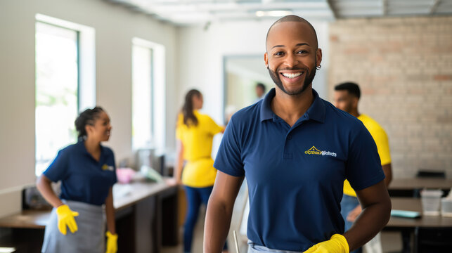 Smiling man in a cleaning service uniform with colleagues in the background, indicating a professional cleaning team at work.
