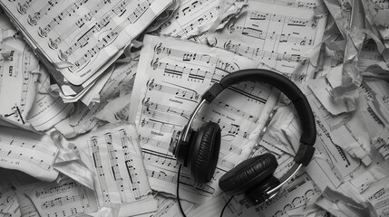 Music notes on paper white and headphones and Music sheets background - obrazy, fototapety, plakaty