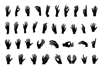 Vector set of silhouettes of human hands depicting various gestures, black on a white background. - obrazy, fototapety, plakaty