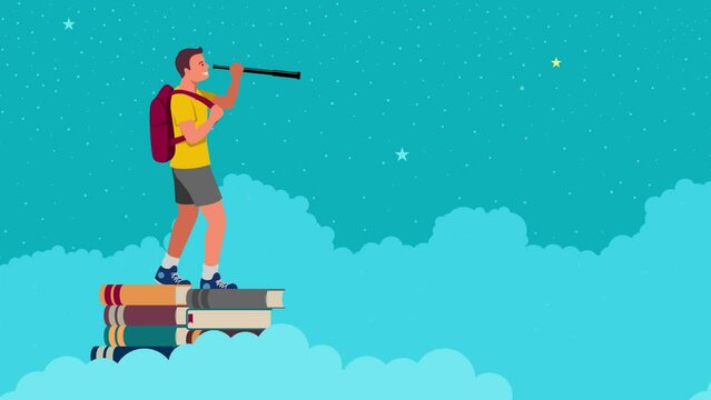 Cartoon motion graphics of a young boy with backpack using telescope standing on pile of books, education, future plan, forecast