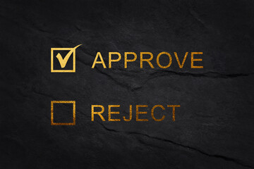 Set of round gold buttons with a check mark and a cross symbolizing a positive and negative assessment isolated on a black background. Approve and reject opinions.