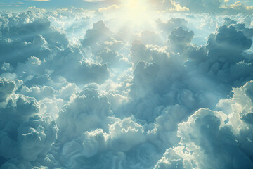 Fototapeta na wymiar Fantastic background with clouds and sunlight on blue sky. Divine sky. Heaven, god light