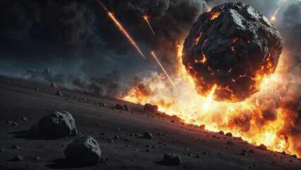 A large asteroid is on fire as it crashes into another asteroid on a dark and rocky surface