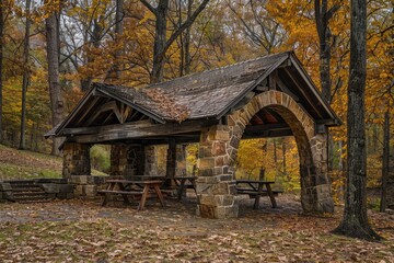 Rustic Stone and Log Picnic Shelter in State Park. A Serene Autumn Daylight with Architectural Beauty