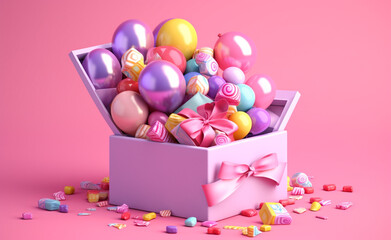 open gift box full of confetis, rubans, baloons, vivid pastel pink background сreated with Generative Ai