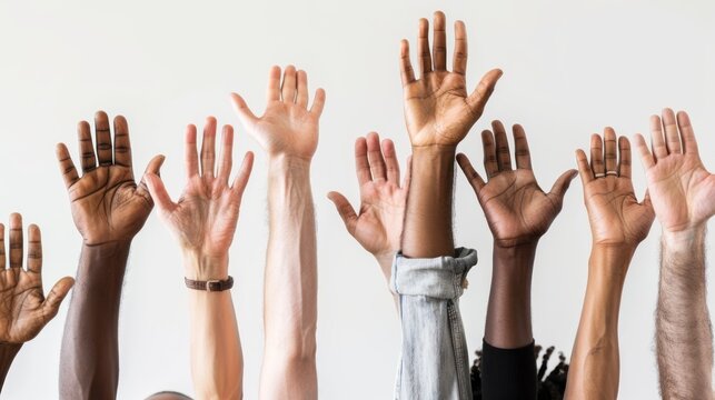 A group of people are raising their hands in the air. Concept of unity and togetherness, as if the people are celebrating or supporting each other.