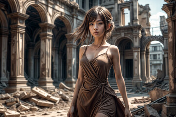 Fototapeta premium A beautiful woman in a brown dress stands in a destroyed building