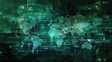 An abstract representation of a global network and data exchange over a high-tech digital map of the world.